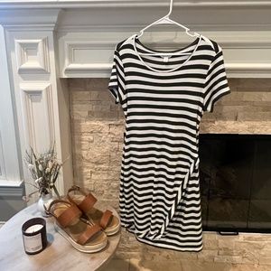 Market and Spruce Flattering Olive Green and White Stripped Dress